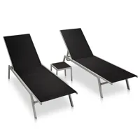 lot de 2 transats chaise longue bain de soleil lit de jardin terrasse meuble d'extérieur avec table acier et textilène noir 02_0012072