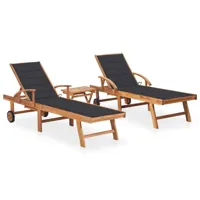 lot de 2 transats chaise longue bain de soleil lit de jardin terrasse meuble d'extérieur avec table et coussin bois de teck solide 02_0012081