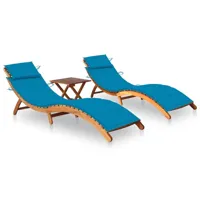 lot de 2 transats chaise longue bain de soleil lit de jardin terrasse meuble d'extérieur avec table et coussins acacia solide 02_0012095