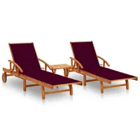 lot de 2 transats chaise longue bain de soleil lit de jardin terrasse meuble d'extérieur avec table et coussins acacia solide 02_0012098