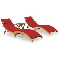 lot de 2 transats chaise longue bain de soleil lit de jardin terrasse meuble d'extérieur avec table et coussins acacia solide 02_0012099