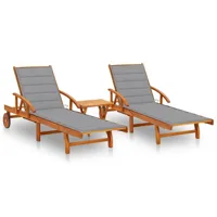 lot de 2 transats chaise longue bain de soleil lit de jardin terrasse meuble d'extérieur avec table et coussins acacia solide 02_0012103