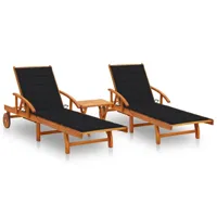 lot de 2 transats chaise longue bain de soleil lit de jardin terrasse meuble d'extérieur avec table et coussins acacia solide 02_0012104
