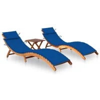 lot de 2 transats chaise longue bain de soleil lit de jardin terrasse meuble d'extérieur avec table et coussins acacia solide 02_0012105