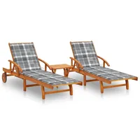 lot de 2 transats chaise longue bain de soleil lit de jardin terrasse meuble d'extérieur avec table et coussins acacia solide 02_0012109