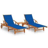 lot de 2 transats chaise longue bain de soleil lit de jardin terrasse meuble d'extérieur avec table et coussins acacia solide 02_0012115
