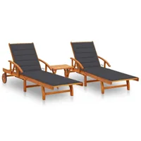 lot de 2 transats chaise longue bain de soleil lit de jardin terrasse meuble d'extérieur avec table et coussins acacia solide 02_0012121