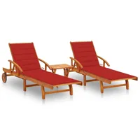 lot de 2 transats chaise longue bain de soleil lit de jardin terrasse meuble d'extérieur avec table et coussins acacia solide 02_0012123