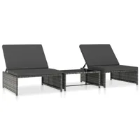 lot de 2 transats chaise longue bain de soleil lit de jardin terrasse meuble d'extérieur avec table résine tressée gris 02_0012127