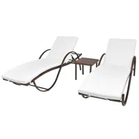 lot de 2 transats chaise longue bain de soleil lit de jardin terrasse meuble d'extérieur avec table résine tressée marron 02_0012128