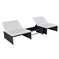 lot de 2 transats chaise longue bain de soleil lit de jardin terrasse meuble d'extérieur avec table résine tressée marron 02_0012130