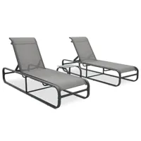 lot de 2 transats chaise longue bain de soleil lit de jardin terrasse meuble d'extérieur avec table textilène et aluminium gris 02_0012137