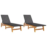 lot de 2 transats chaise longue bain de soleil lit de jardin terrasse meuble d'extérieur noir/marron résine tressée/bois d'acacia 02_0012147