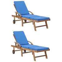 lot de 2 transats chaise longue bain de soleil lit de jardin terrasse meuble d'extérieur avec coussins bois de teck solide bleu 02_0012153
