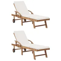 lot de 2 transats chaise longue bain de soleil lit de jardin terrasse meuble d'extérieur avec coussins bois de teck solide crème 02_0012154