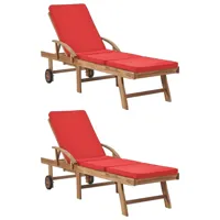 lot de 2 transats chaise longue bain de soleil lit de jardin terrasse meuble d'extérieur avec coussins bois de teck solide rouge 02_0012155