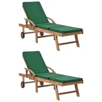 lot de 2 transats chaise longue bain de soleil lit de jardin terrasse meuble d'extérieur avec coussins bois de teck solide vert 02_0012156
