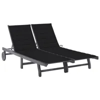 transat chaise longue bain de soleil lit de jardin terrasse meuble d'extérieur 2 places avec coussin acacia gris 02_0012228