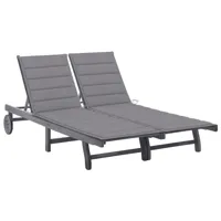 transat chaise longue bain de soleil lit de jardin terrasse meuble d'extérieur 2 places avec coussin gris acacia 02_0012230