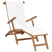 transat chaise longue bain de soleil lit de jardin terrasse meuble d'extérieur avec coussin blanc crème bois de teck solide 02_0012304