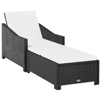 transat chaise longue bain de soleil lit de jardin terrasse meuble d'extérieur avec coussin blanc crème résine tressée noir 02_0012305