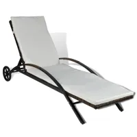 transat chaise longue bain de soleil lit de jardin terrasse meuble d'extérieur avec coussin et roues résine tressée marron 02_0012446