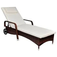 transat chaise longue bain de soleil lit de jardin terrasse meuble d'extérieur avec coussin et roues résine tressée marron 02_0012447