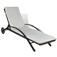 transat chaise longue bain de soleil lit de jardin terrasse meuble d'extérieur avec coussin et roues résine tressée marron 02_0012448