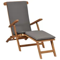 transat chaise longue bain de soleil lit de jardin terrasse meuble d'extérieur 152 cm avec coussin gris foncé bois de teck solide 02_0012490