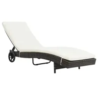 transat chaise longue bain de soleil lit de jardin terrasse meuble d'extérieur avec roues et coussin résine tressée marron 02_0012594