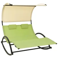 transat chaise longue bain de soleil lit de jardin terrasse meuble d'extérieur double avec auvent textilène vert et crème 02_0012727
