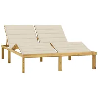 transat chaise longue bain de soleil lit de jardin terrasse meuble d'extérieur double et coussins crème bois de pin imprégné 02_0012755