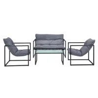 salon de jardin table basse avec canapé et chaises extérieures en acier avec coussins oléfines et plateau de table en verre noir gris 03_0006029
