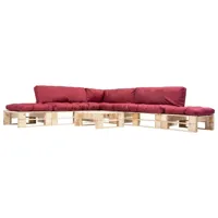 salon de jardin meuble d'extérieur ensemble de mobilier palette 6 pièces avec coussins rouge bois 02_0018426