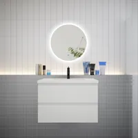 aica ensemble meuble vasque l.79cm 2 tiroirs + lavabo + led miroir rond 60cm,blanc,design