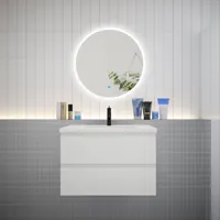 aica ensemble meuble vasque l.79cm 2 tiroirs + lavabo + led miroir rond 70cm,blanc