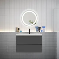 aica ensemble meuble vasque l.79cm 2 tiroirs + lavabo + led miroir rond 60cm,anthracite,design