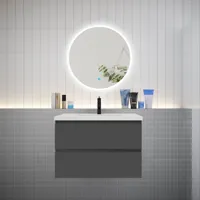 aica ensemble meuble vasque l.79cm 2 tiroirs + lavabo + led miroir rond 70cm,anthracite