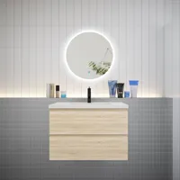 aica ensemble meuble vasque l.79cm 2 tiroirs + lavabo + led miroir rond 60cm,chêne