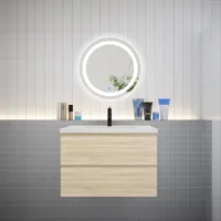 aica ensemble meuble vasque l.79cm 2 tiroirs + lavabo + led miroir rond 60cm,chêne,design