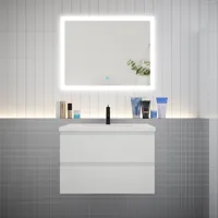aica ensemble meuble vasque l.79cm blanc 2 tiroirs + led miroir + lavabo