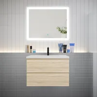 aica ensemble meuble vasque l.79cm chêne 2 tiroirs + led miroir + lavabo