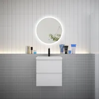 aica ensemble meuble vasque l.50cm 2 tiroirs + lavabo + led miroir rond 60cm,blanc