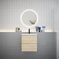 aica ensemble meuble vasque l.50cm 2 tiroirs + lavabo + led miroir rond 60cm,chêne