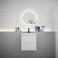 aica ensemble meuble vasque l.50cm 2 tiroirs + lavabo + led miroir rond 60cm,blanc,easy
