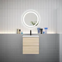 aica ensemble meuble vasque l.50cm 2 tiroirs + lavabo + led miroir rond 60cm,chêne，easy