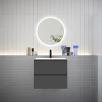 aica ensemble meuble vasque l.60cm 2 tiroirs + lavabo + led miroir rond 60cm,anthracite