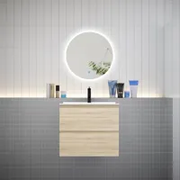 aica ensemble meuble vasque l.60cm 2 tiroirs + lavabo + led miroir rond 60cm,chêne