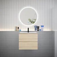 aica ensemble meuble vasque l.60cm 2 tiroirs + lavabo + led miroir rond 70cm,chêne