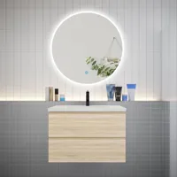 aica ensemble meuble vasque l.79cm 2 tiroirs + lavabo + led miroir rond 90cm,chêne，easy